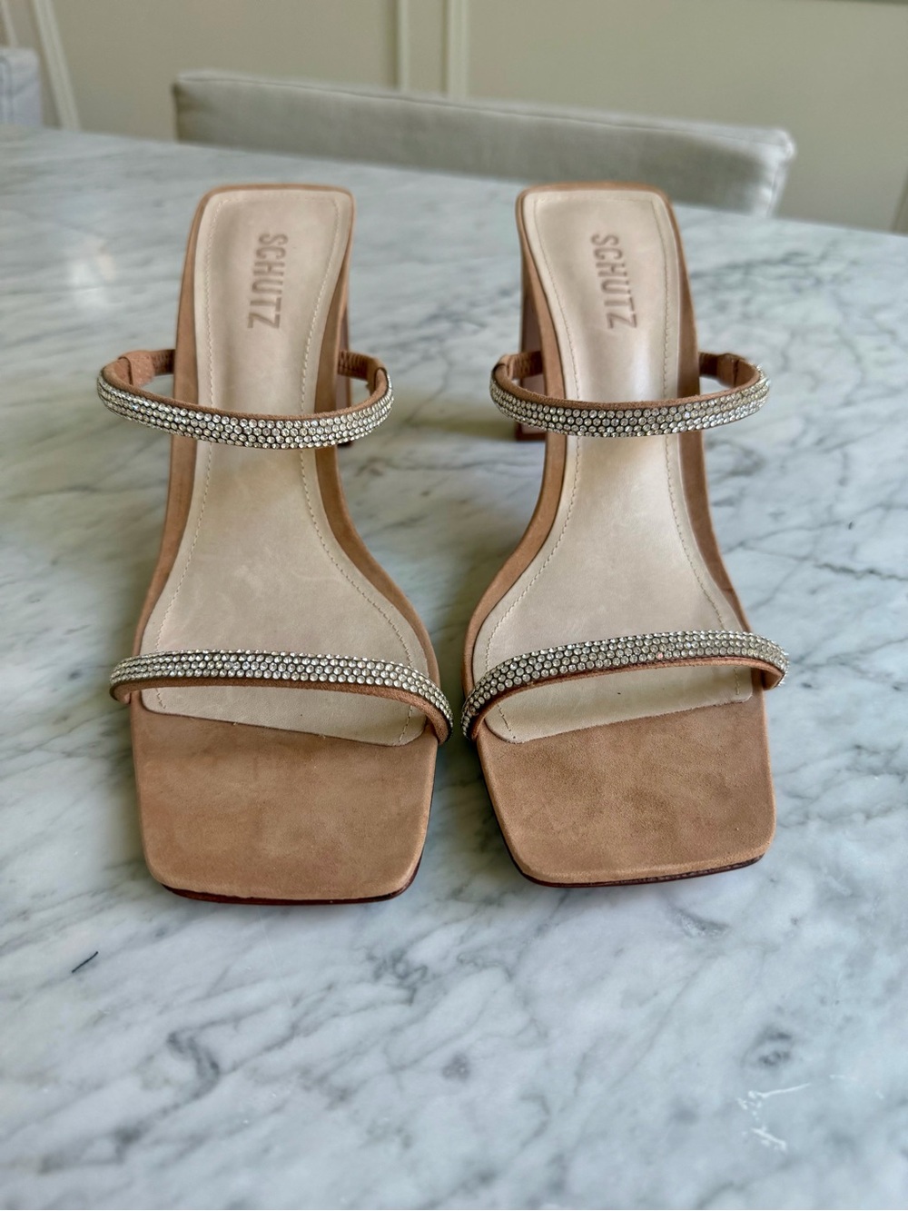 SCHUTZ Nude Suede Crystal-Trim Slide Mules